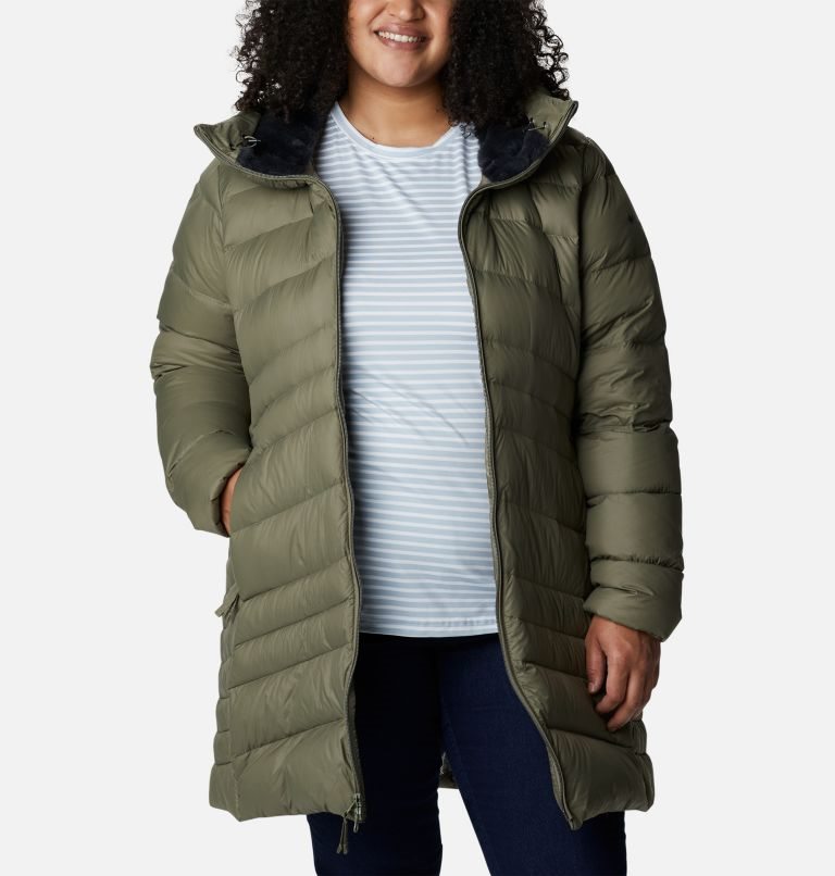 Women's Columbia Autumn Park Hooded Mid Down Jackets Olive | Plus Size CA-H1LA6